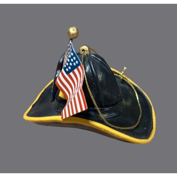 Firefighter Helmet Ornament With American Flag FD 1 Design Black & Yellow Resin - Picture 8 of 11